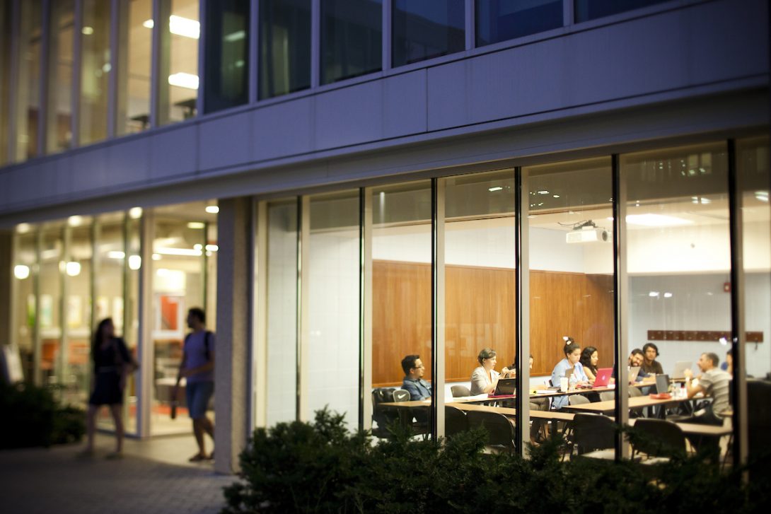 View into an active classroom in the evening