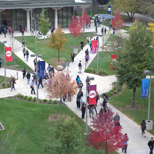 aerial view of students walking through campus with skyline in background