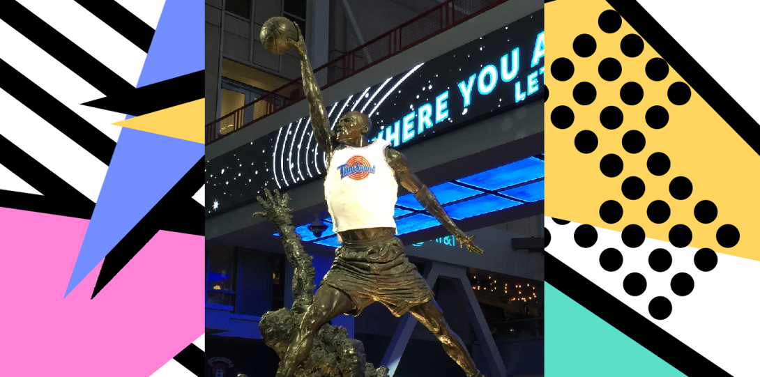 Michael Jordan statue at United Center wearing Space Jam jersey